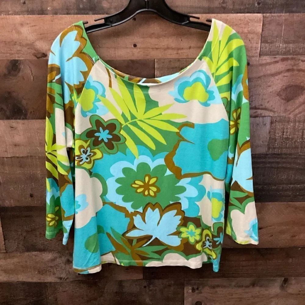 Judy Lee Cole Top Scoop Neck Tropical Aqua Green Yellow White Floral Print XL - Picture 9 of 9